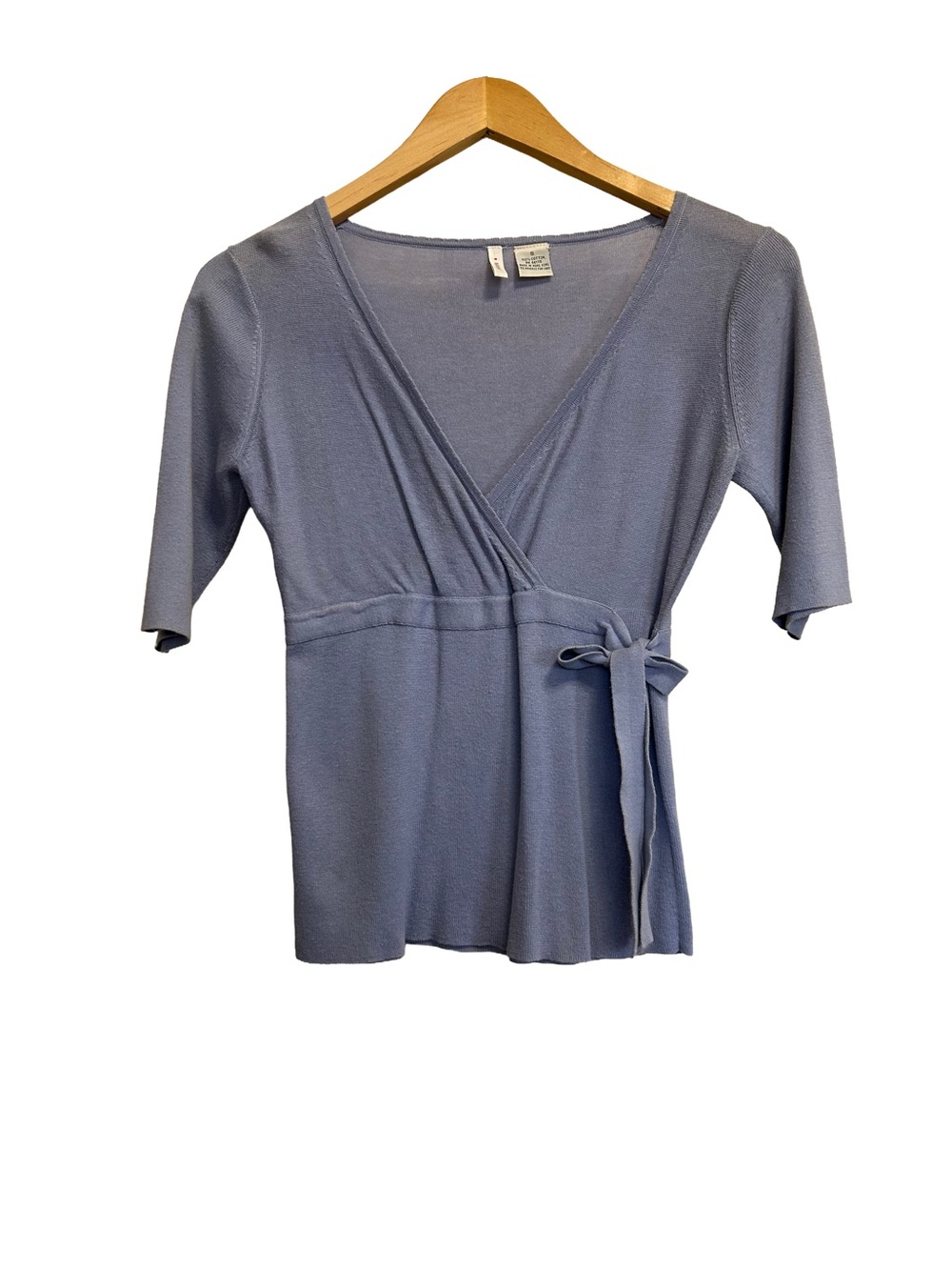 Vintage Moth Anthropologie 100% Cotton Faux Wrap Knit Top Periwinkle Blue S
